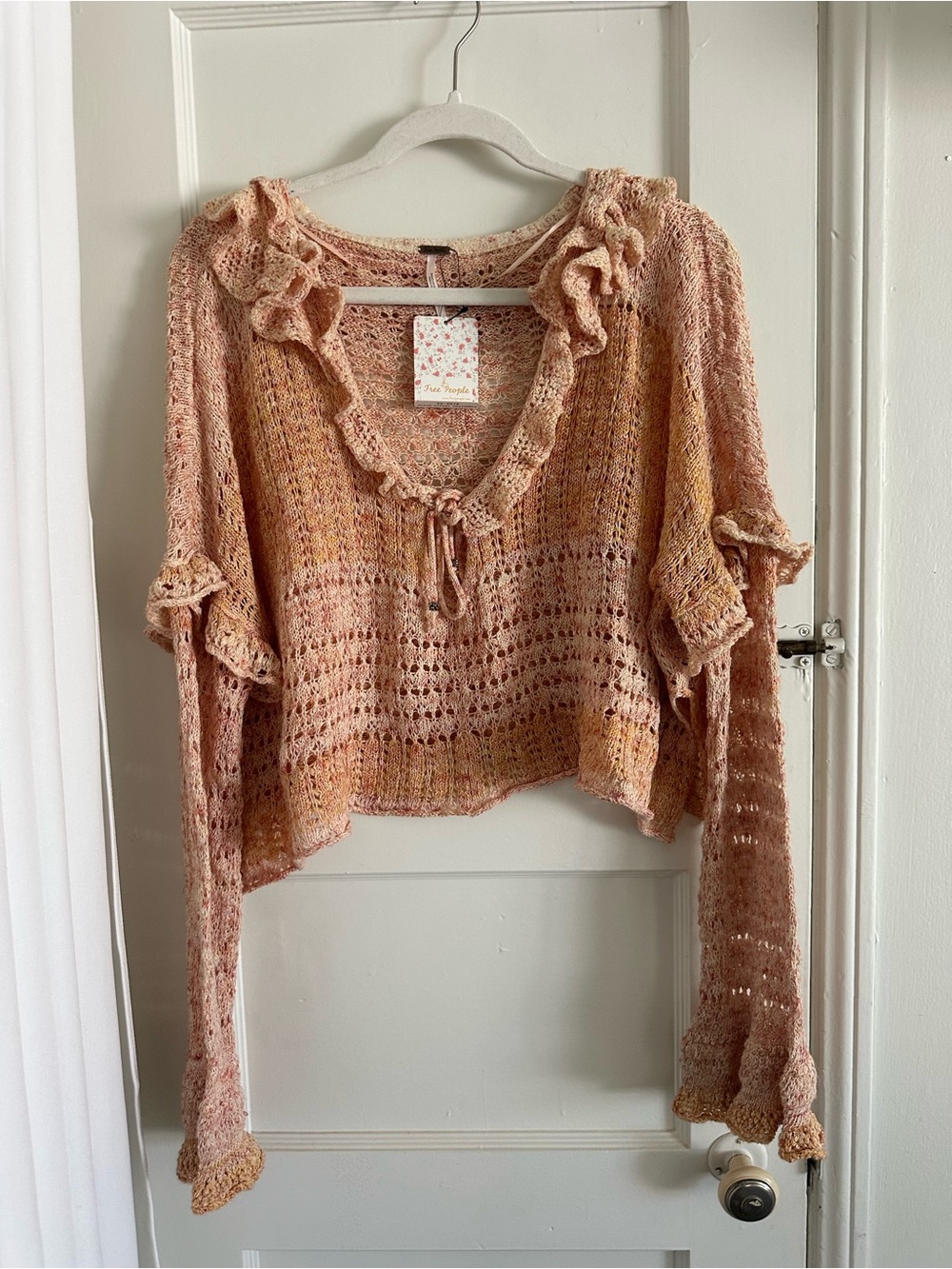 Free People Peach Crochet Ruffle Tie-Front Sweater Top